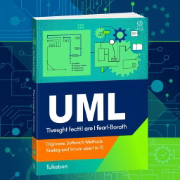 A modern textbook cover design for a textbook focusing on UML diagrams, software development methods like Scrum and Kanban, and teamwork in IT
