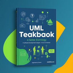 A modern textbook cover design that showcases UML diagrams, software development methodologies like Scrum and Kanban, and teamwork in the IT sector