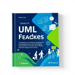 A modern textbook cover design that showcases UML diagrams, software development methodologies like Scrum and Kanban, and teamwork in the IT sector