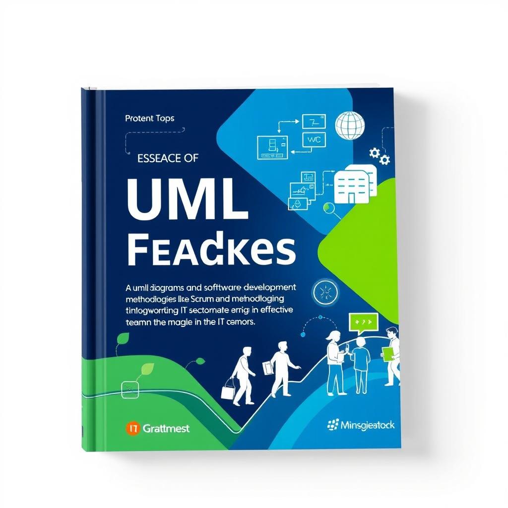 A modern textbook cover design that showcases UML diagrams, software development methodologies like Scrum and Kanban, and teamwork in the IT sector