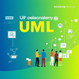 A modern textbook cover design that showcases UML diagrams, software development methodologies like Scrum and Kanban, and teamwork in the IT sector