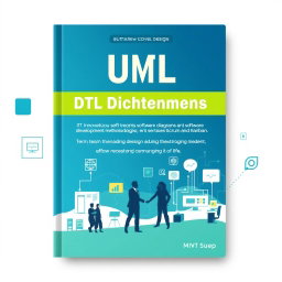 A modern textbook cover design that showcases UML diagrams, software development methodologies like Scrum and Kanban, and teamwork in the IT sector