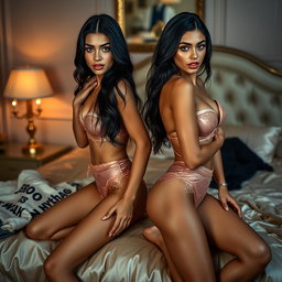 Nineteen-year-old tan Arabic Latina model twin sisters, both aged 18, petite with very long dark brunette hair, very skinny with small busts and small buttocks
