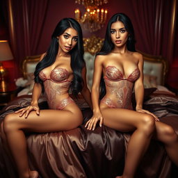 Nineteen-year-old tan Arabic Latina model twin sisters, both aged 18, petite with very long dark brunette hair, very skinny with small busts and small buttocks
