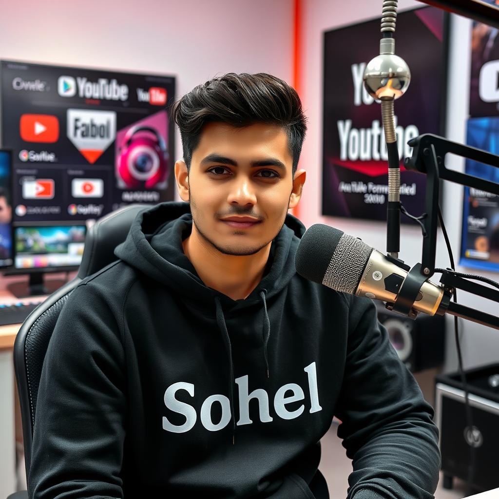 A 21-year-old man with a mature appearance, sitting in his YouTube studio, facing forward