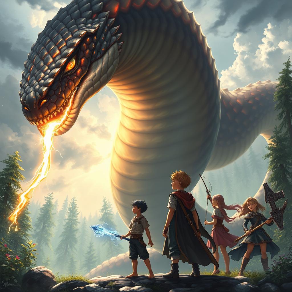 An intricate fantasy scene featuring three boys and two girls, all appearing to be around 20 years old, staring in awe at a gigantic Naga-snake monster that towers above them with its stunning, multi-colored scales and imposing figure