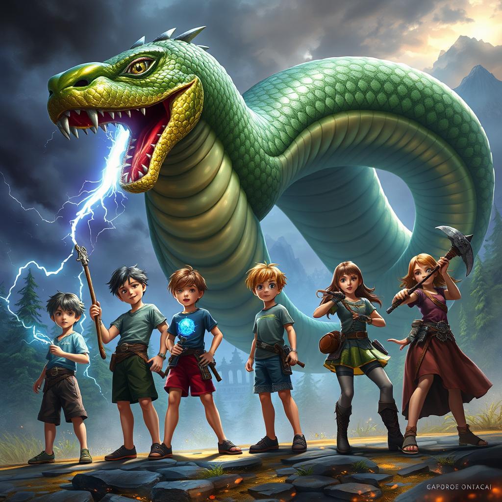 An exciting fantasy scene depicting three boys and two girls, all appearing as if they are 20 years old, standing in awe of a colossal Naga-snake monster with shimmering scales and a dramatic presence