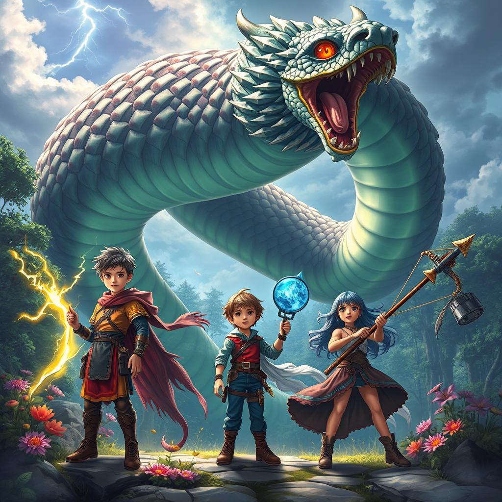 A thrilling fantasy scene depicting three boys and two girls, all designed to look around 20 years old, captivated by a massive, enchanting Naga-snake monster with radiant scales and an intimidating stature