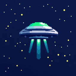 A vibrant 32x32 pixel art depiction of a UFO flying through a starry night sky