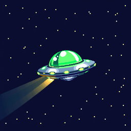A vibrant 32x32 pixel art depiction of a UFO flying through a starry night sky