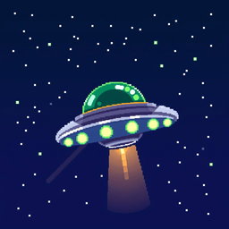 A vibrant 32x32 pixel art depiction of a UFO flying through a starry night sky