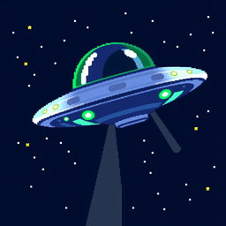 A vibrant 32x32 pixel art depiction of a UFO flying through a starry night sky