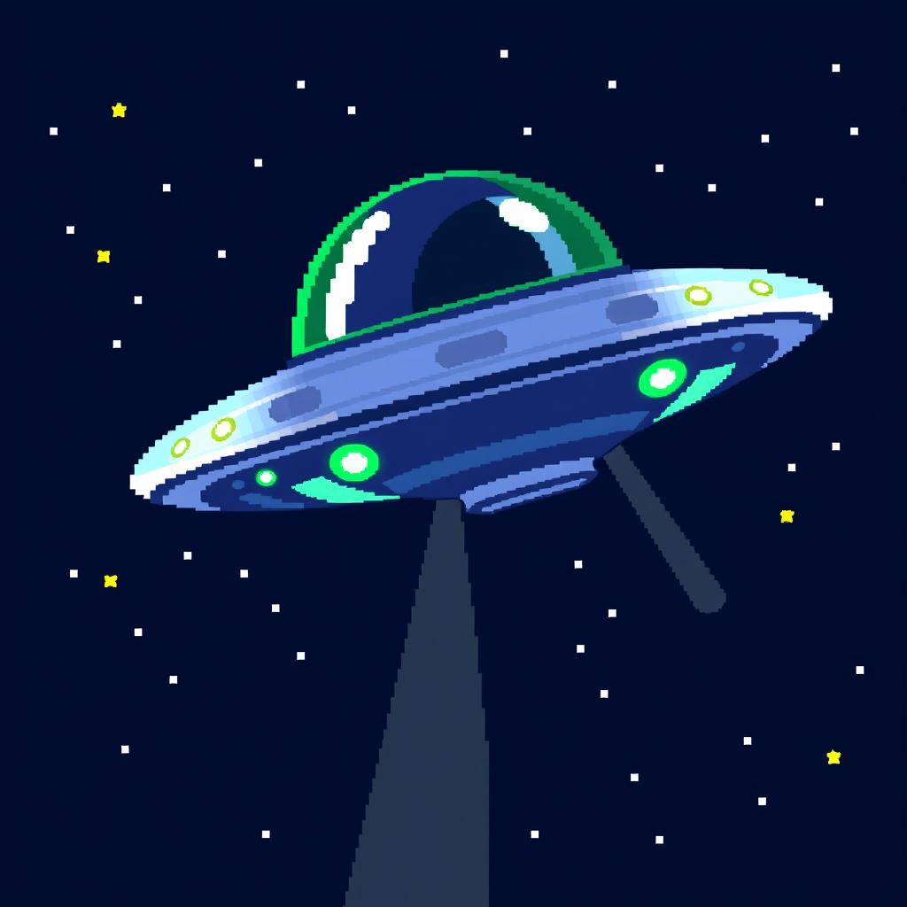 A vibrant 32x32 pixel art depiction of a UFO flying through a starry night sky