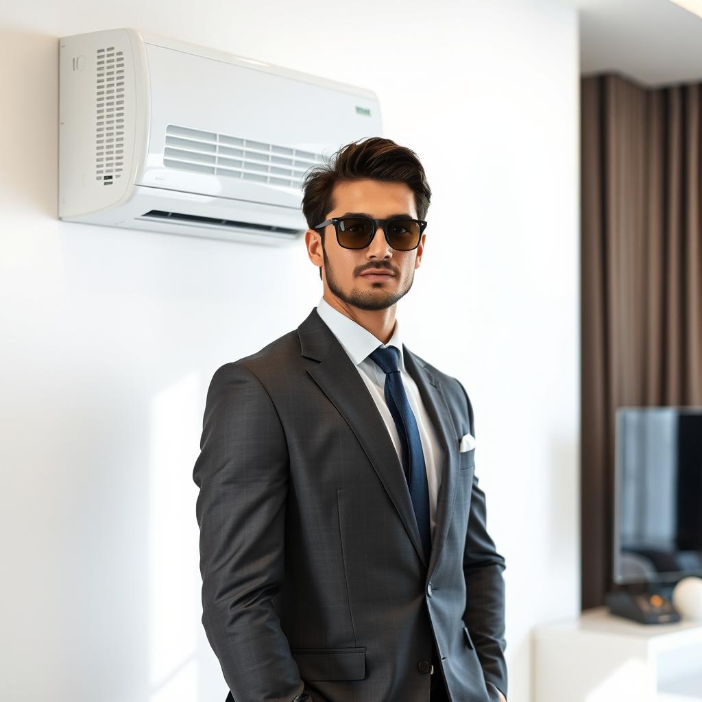 A stylish person wearing a sharp suit, standing confidently next to a modern wall-mounted air conditioner