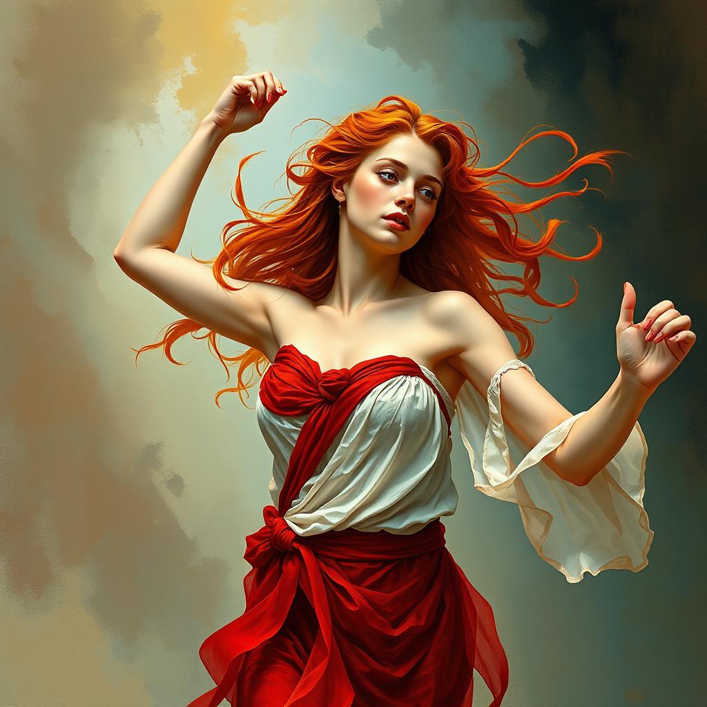 A beautiful young woman dancing as a modern rendition of a Ménade, inspired by Aphrodite