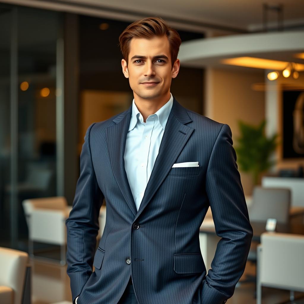 A stylish person wearing a formal suit, standing confidently with a subtle smirk