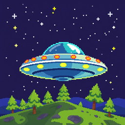 A vibrant UFO in pixel art style, featuring a classic flying saucer design with a metallic surface and colorful lights around its rim, set against a starry night sky