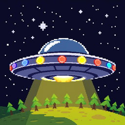 A vibrant UFO in pixel art style, featuring a classic flying saucer design with a metallic surface and colorful lights around its rim, set against a starry night sky