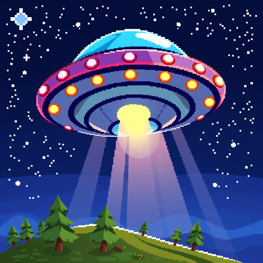 A vibrant UFO in pixel art style, featuring a classic flying saucer design with a metallic surface and colorful lights around its rim, set against a starry night sky