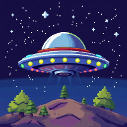 A vibrant UFO in pixel art style, featuring a classic flying saucer design with a metallic surface and colorful lights around its rim, set against a starry night sky