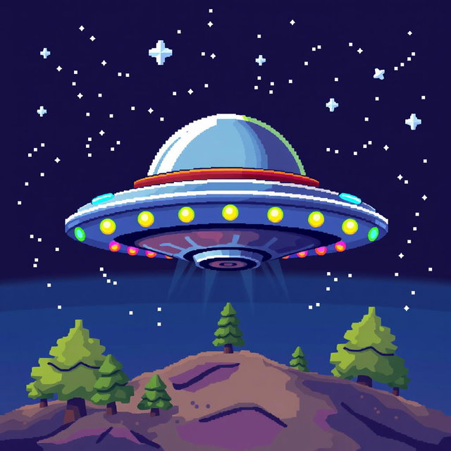 A vibrant UFO in pixel art style, featuring a classic flying saucer design with a metallic surface and colorful lights around its rim, set against a starry night sky