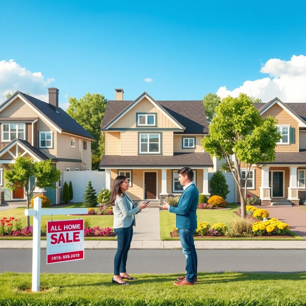 A conceptual representation of the sale of real estate under the Eosel program, featuring a modern suburban neighborhood with diverse architectural styles of homes, colorful front yards, and people engaging in the process of buying and selling homes