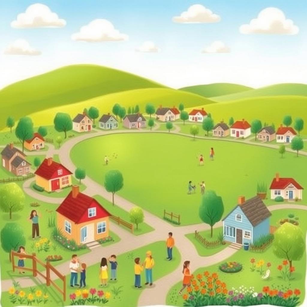 A simple drawing depicting a dream community, featuring a blend of cozy houses with colorful facades, lush green parks with children playing, friendly neighbors chatting, and vibrant gardens filled with flowers