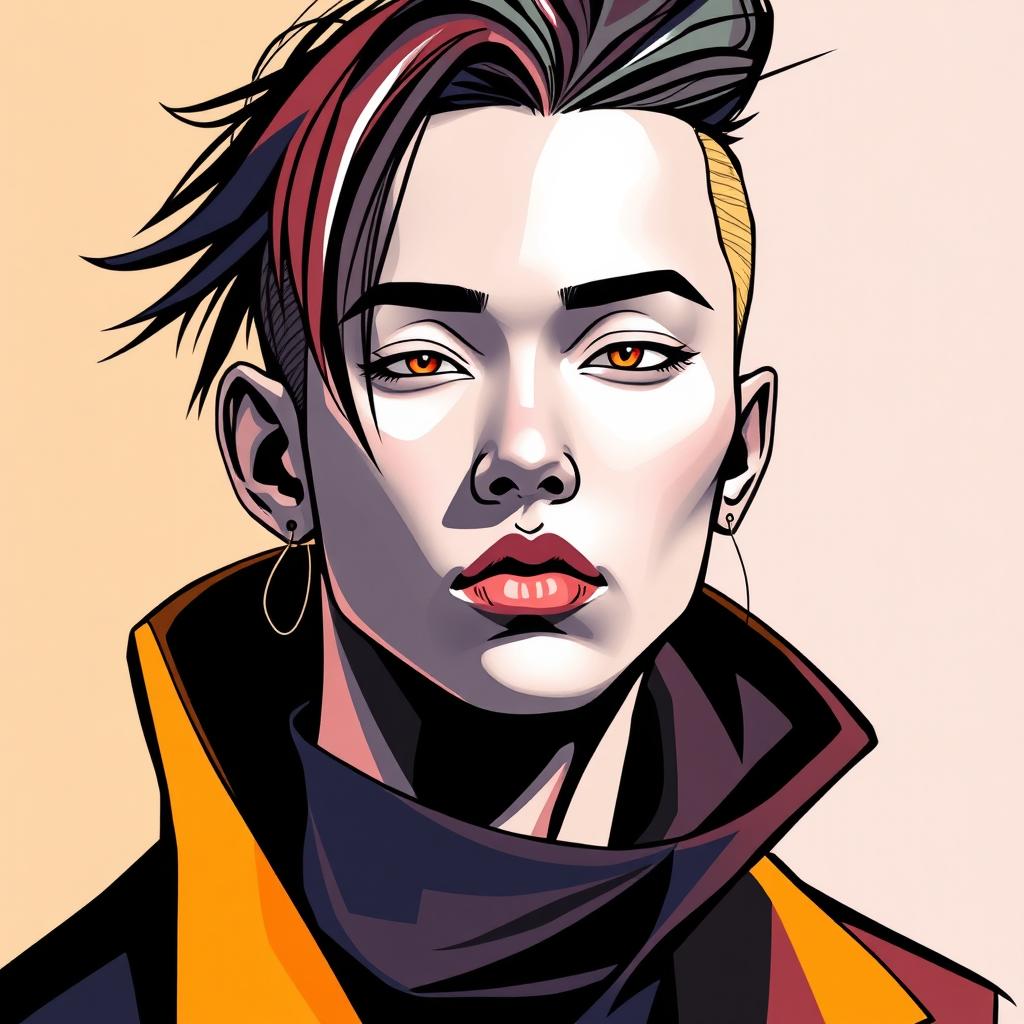 A modern portrait illustration of a person, featuring abstract elements and vibrant colors