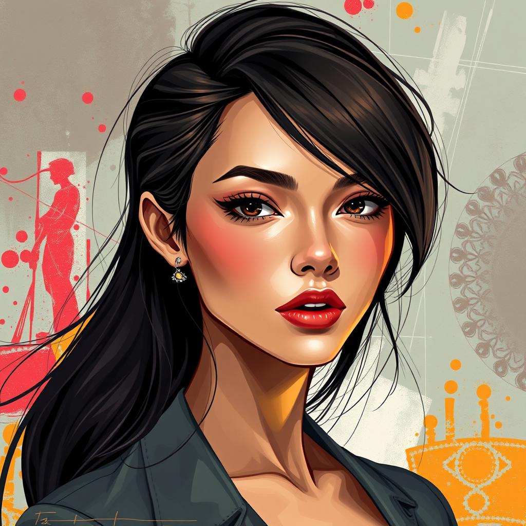 A modern portrait of a young woman, showcasing her with an elegant and captivating expression