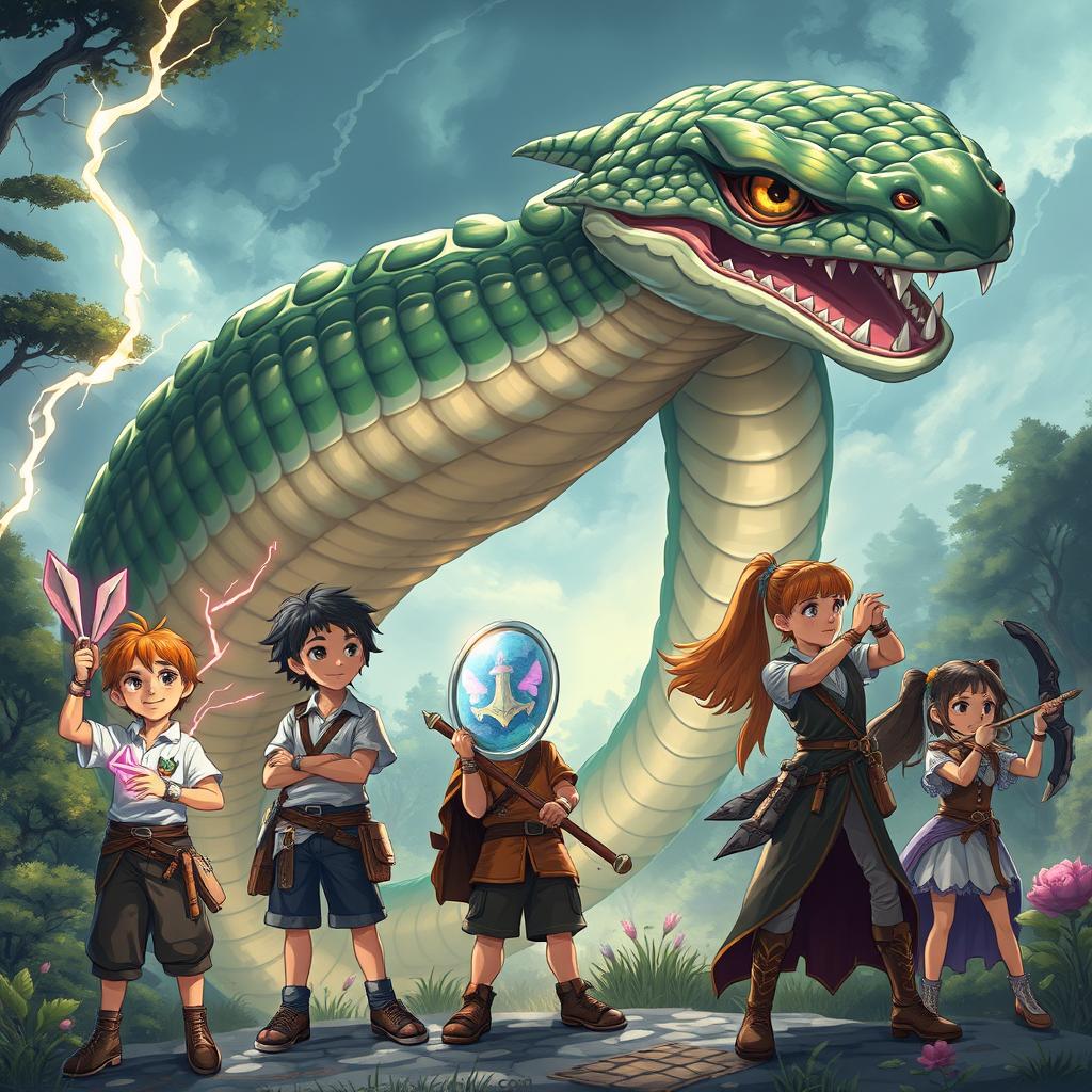 A captivating fantasy illustration showing three boys and two girls, all designed to look around 20 years old, staring in awe at a gigantic Naga-snake monster with beautifully iridescent scales and a commanding presence
