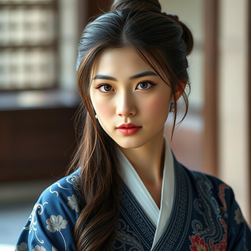 A mid-20s woman with long, dark brown hair elegantly tied up, showcasing sharp and expressive eyes that reflect her quick wit