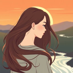 An artistic illustration of a young woman with long hair, seen from the back