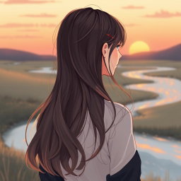 An artistic illustration of a young woman with long hair, seen from the back