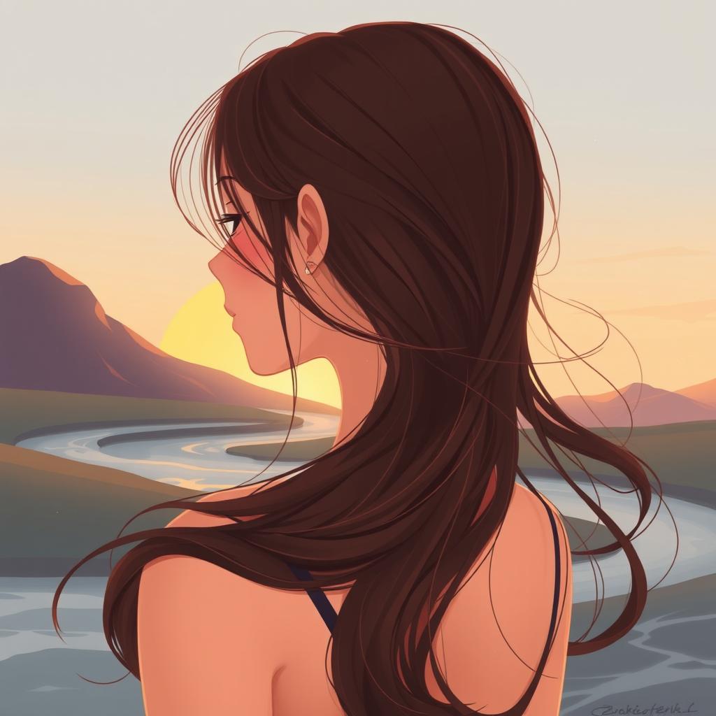 An artistic illustration of a young woman with long hair, seen from the back
