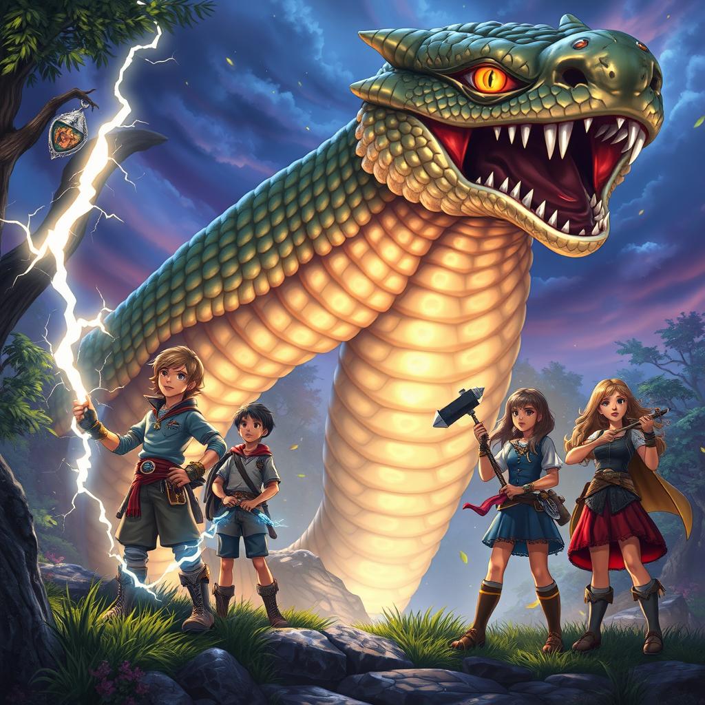 A vibrant fantasy tableau depicting three boys and two girls, all aged to appear around 20 years old, gazing in wonder at a massive Naga-snake monster with exquisite, shimmering scales and a majestic aura