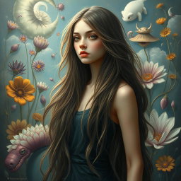 A surrealist painting of a young woman with long hair, featuring imaginative and dreamlike elements