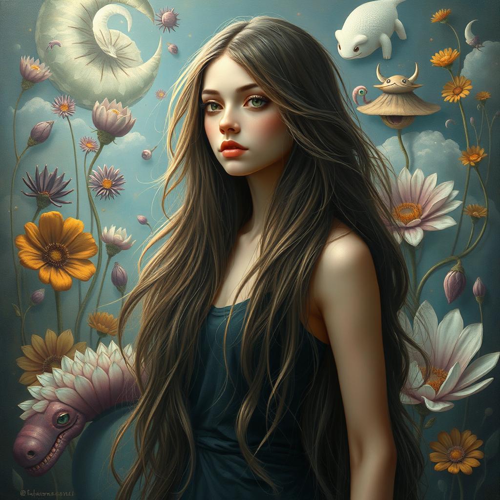 A surrealist painting of a young woman with long hair, featuring imaginative and dreamlike elements