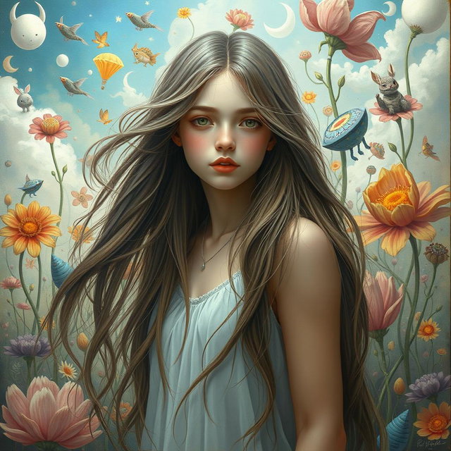 A surrealist painting of a young woman with long hair, featuring imaginative and dreamlike elements