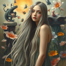 A surrealist painting of a young woman with long hair, featuring imaginative and dreamlike elements