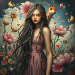 A surrealist painting of a young woman with long hair, featuring imaginative and dreamlike elements