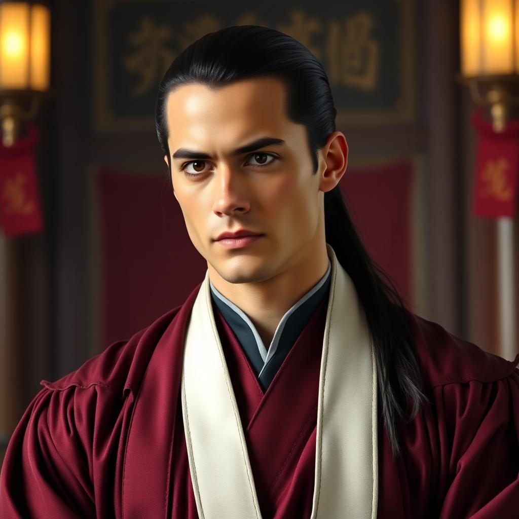 A tall, well-groomed man in his late 20s with a chiseled jawline and intense dark eyes