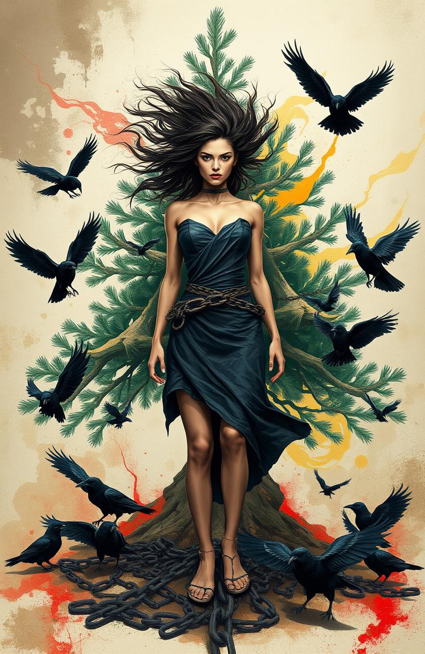 An abstract representation of a defiant woman with wild, flowing hair standing boldly in front of an abstract pine tree