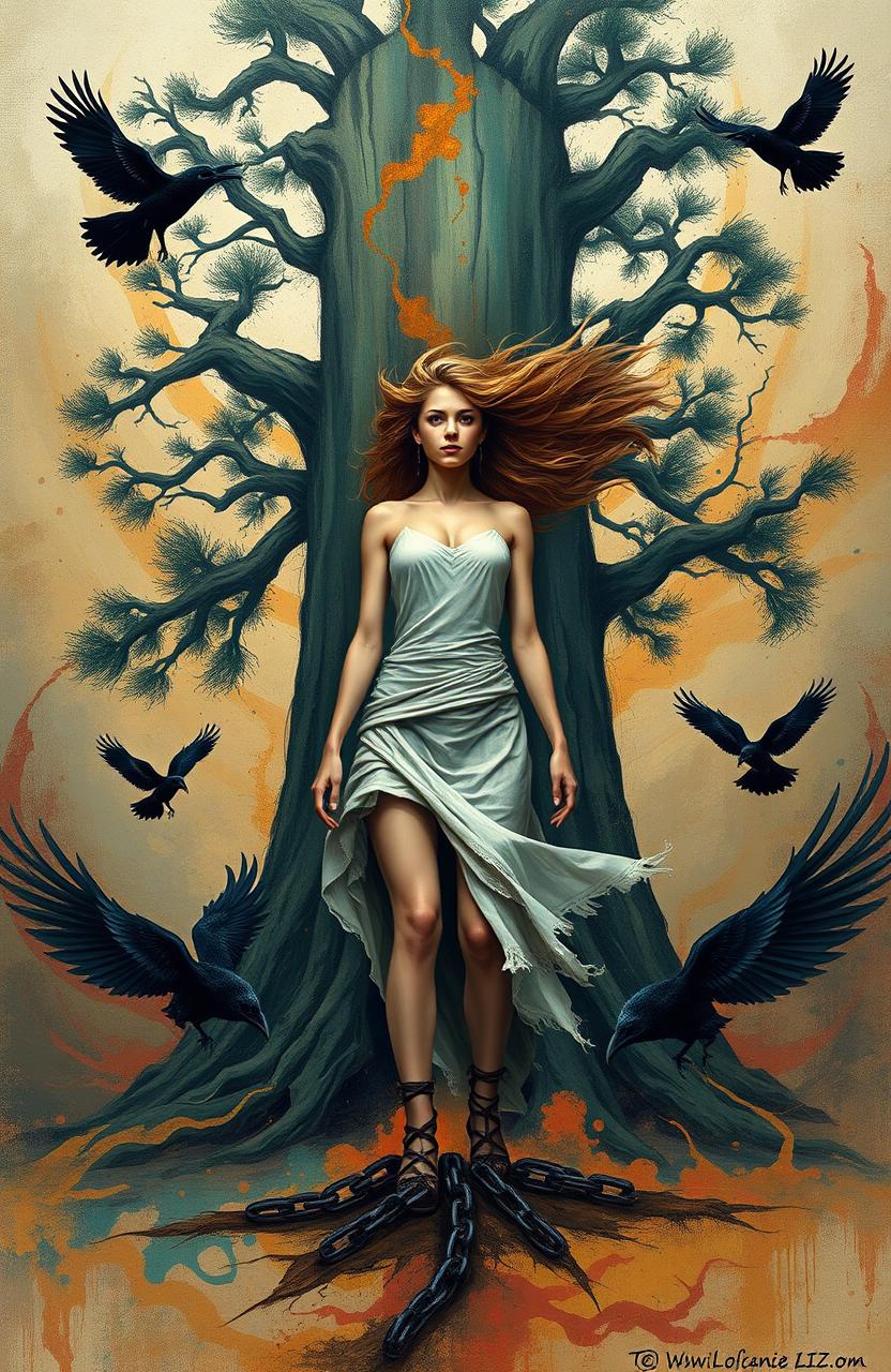 An abstract depiction of a defiant woman standing confidently in front of an abstract, imposing pine tree