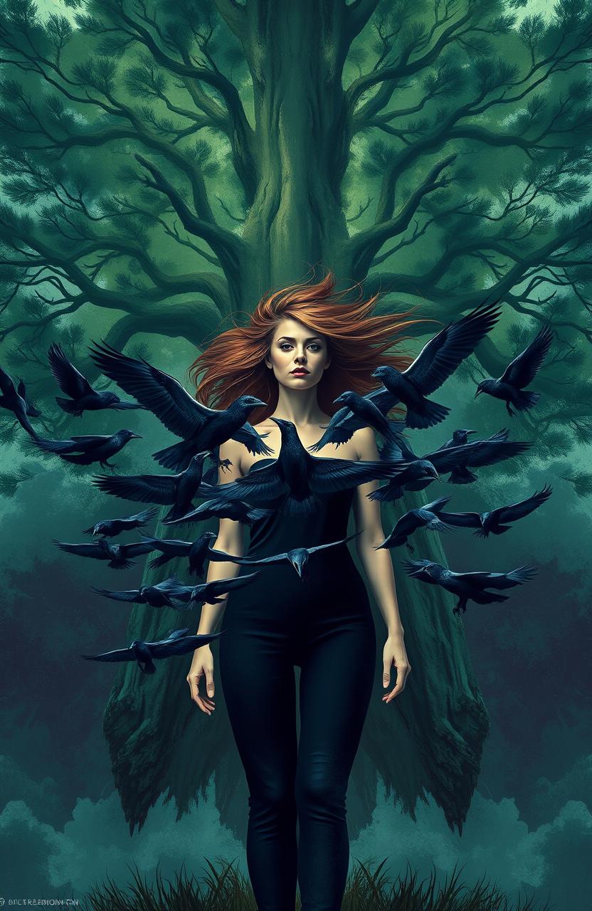 An abstract representation of a defiant woman standing boldly in front of a massive, abstract pine tree that towers over her