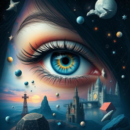A surreal depiction of a woman's eye, showcasing vibrant colors and intricate patterns that blend reality with dreamlike elements