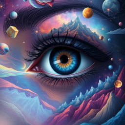 A surreal depiction of a woman's eye, showcasing vibrant colors and intricate patterns that blend reality with dreamlike elements