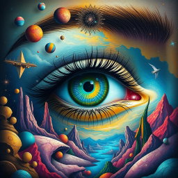 A surreal depiction of a woman's eye, showcasing vibrant colors and intricate patterns that blend reality with dreamlike elements