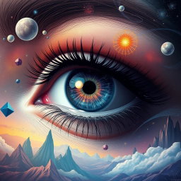 A surreal depiction of a woman's eye, showcasing vibrant colors and intricate patterns that blend reality with dreamlike elements