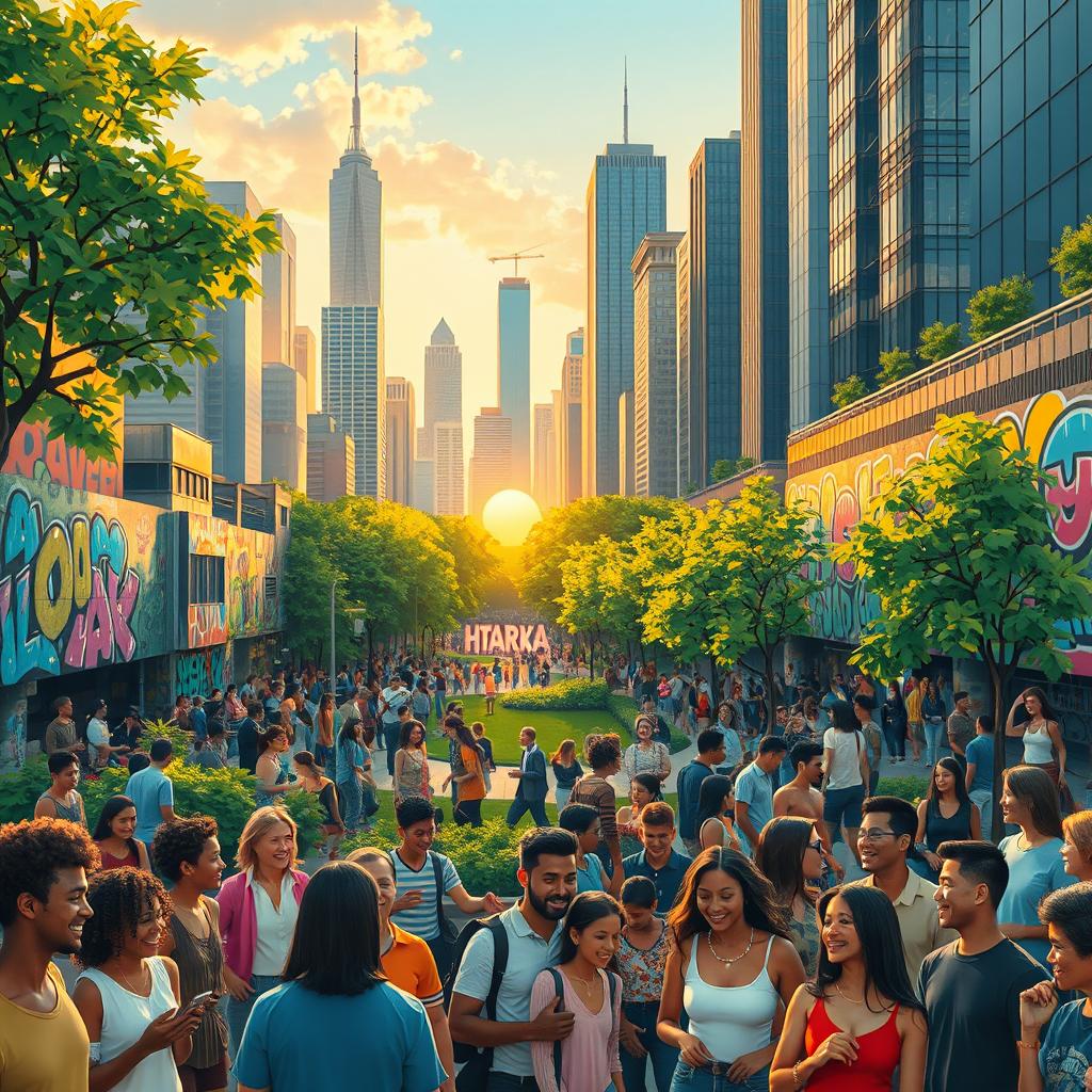 An abstract representation of society, depicting a bustling urban landscape filled with diverse people from different cultures engaging with each other