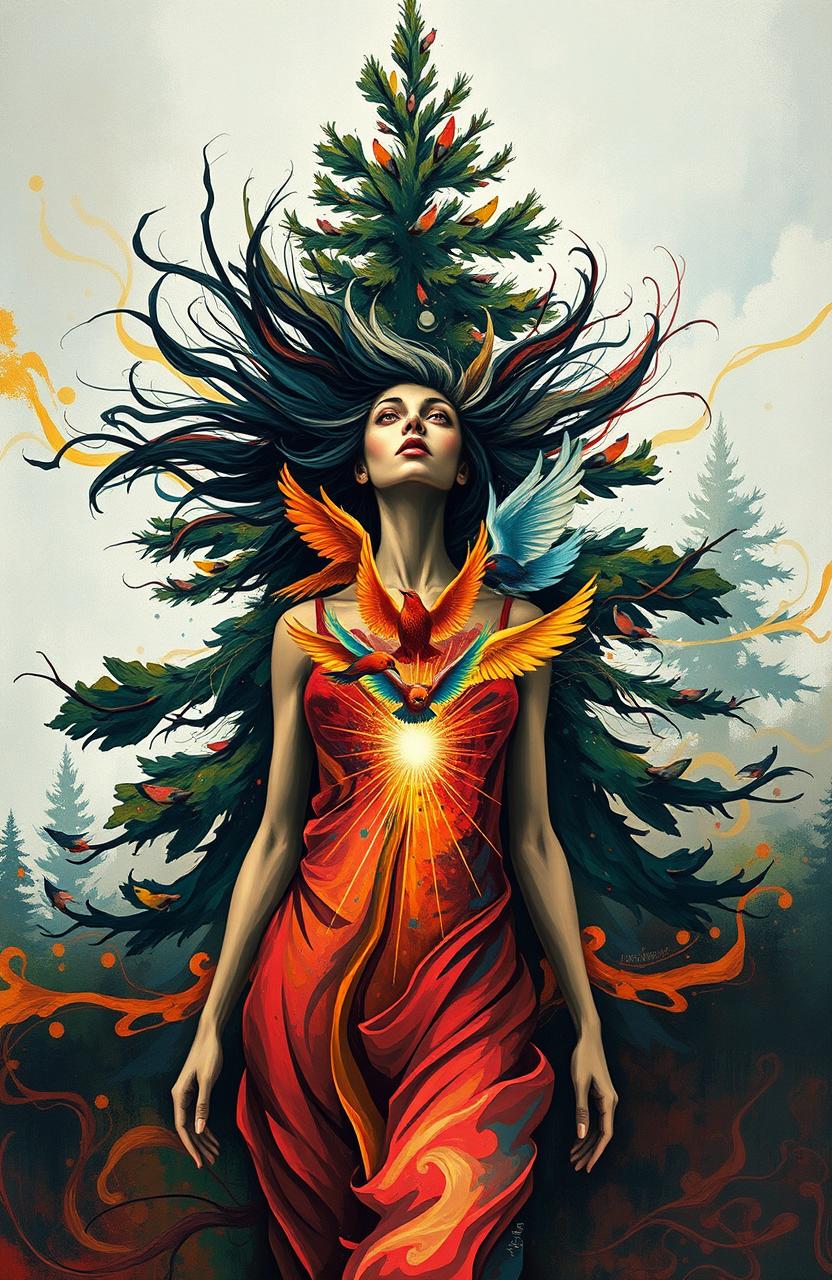 An abstract representation of a defiant woman standing boldly in front of an abstract towering pine tree